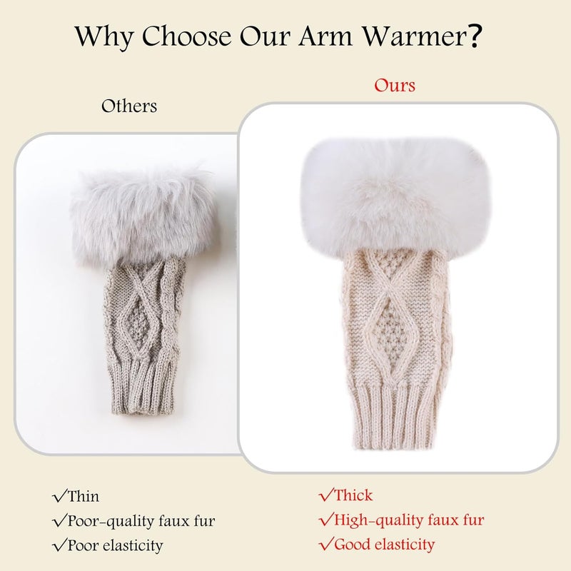 Pesaat Knit Arm Warmers Faux Fur Fingerless Gloves for Women Winter Wrist Warmers with Thumb Hole - Image 4
